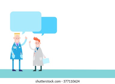 Two Medical Doctors With Empty Chat Bubble Discussing Flat Vector Illustration