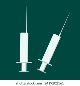 Dos instrumentos médicos. Jeringas azules con una aguja para inyección puntiaguda sobre un fondo oscuro. Inyectar el medicamento en una vena. Vector.