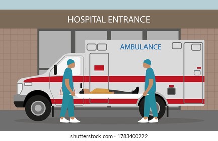
Two medical orderlies in uniform hold stretcher with female character on background of ambulance and hospital entrance