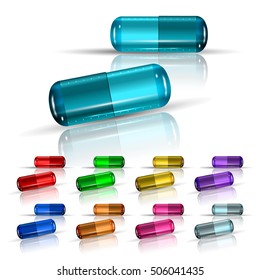 Two Medical Pills With Transparent Shadow in Different Colors Isolated on White. 3D Vector Rendering