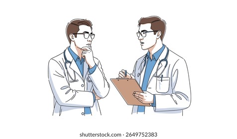 Two medical professionals engaged in a focused discussion about patient care and health outcomes