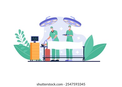 Two medical professionals performing surgery in a hospital setting with medical equipment and greenery. Vector illustration