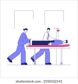 Dois Profissionais Médicos Empurrando Um Paciente Em Uma Maca Com Ilustração Plana De Vetor Simbolizando O Atendimento De Emergência, A Equipe Hospitalar E O Transporte Médico, Isolados Em Fundo Branco