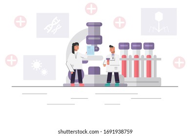 dos científicos médicos trabajando en su trabajo con un gran microscopio, tubos de sangre en el rack y imagen del ADN, virus.