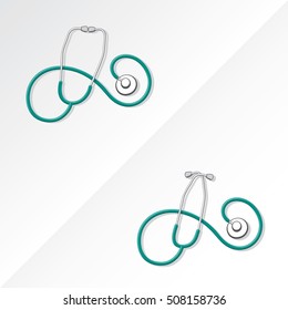 Two Medical Stethoscopes with Spiral Shape Tubing Icons Set One with Crossed Binaural Another with Eartips Put Together - Grayscale and Turquoise Objects on White Background - Realistic Flat Design svg