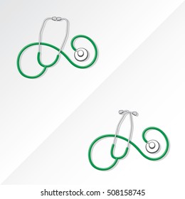 Two Medical Stethoscopes with Spiral Shape Tubing Icons Set One with Crossed Binaural Another with Eartips Put Together - Grayscale and Green Objects on White Background - Realistic Flat Design svg