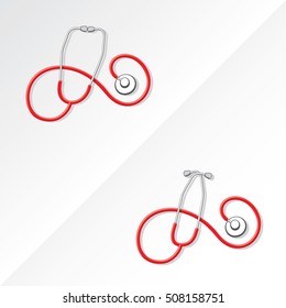 Two Medical Stethoscopes with Spiral Shape Tubing Icons Set One with Crossed Binaural Another with Eartips Put Together - Grayscale and Red Objects on White Background - Realistic Flat Design svg