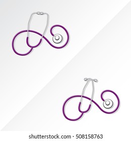 Two Medical Stethoscopes with Spiral Shape Tubing Icons Set One with Crossed Binaural Another with Eartips Put Together - Grayscale and Purple Objects on White Background - Realistic Flat Design svg