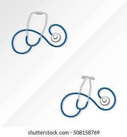 Two Medical Stethoscopes with Spiral Shape Tubing Icons Set One with Crossed Binaural Another with Eartips Put Together - Blue and Grayscale Objects on White Background - Realistic Flat Design svg