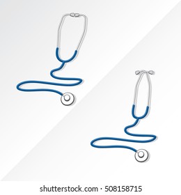 Two Medical Stethoscopes with Zigzag Shape Tubing Icons Set One with Crossed Binaural Another with Eartips Put Together - Blue and Grayscale Objects on White Background - Realistic Flat Design svg