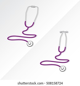 Two Medical Stethoscopes with Zigzag Shape Tubing Icons Set One with Crossed Binaural Another with Eartips Put Together - Grayscale and Purple Objects on White Background - Realistic Flat Design svg