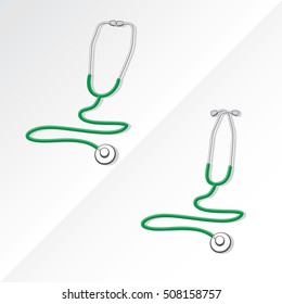 Two Medical Stethoscopes with Zigzag Shape Tubing Icons Set One with Crossed Binaural Another with Eartips Put Together - Grayscale and Green Objects on White Background - Realistic Flat Design svg