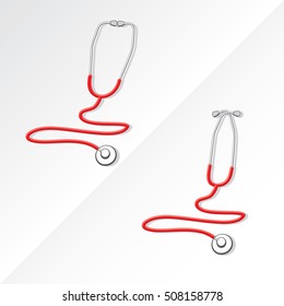 Two Medical Stethoscopes with Zigzag Shape Tubing Icons Set One with Crossed Binaural Another with Eartips Put Together - Grayscale and Red Objects on White Background - Realistic Flat Design svg