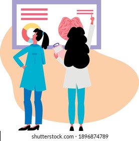 Two medical students examine a board with charts. Flat design illustration. Vector