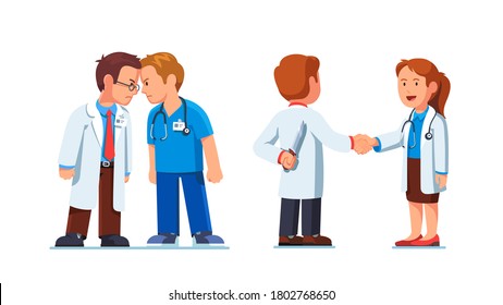 Two medical worker mans standing clashing colliding heads in fight. Interpersonal relationship conflicts. Lies and deceit of dishonest doctor person. Flat vector nurse character illustration set