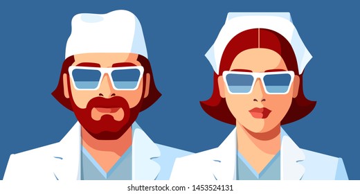 Two medical worker portraits. Man and woman as doctor or nurse. Vector illustration