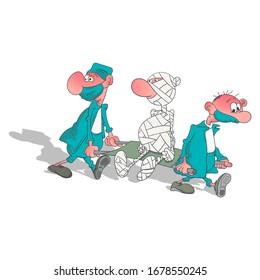 Two medical workers carry on a patient's stretcher. Illustration on a white background.