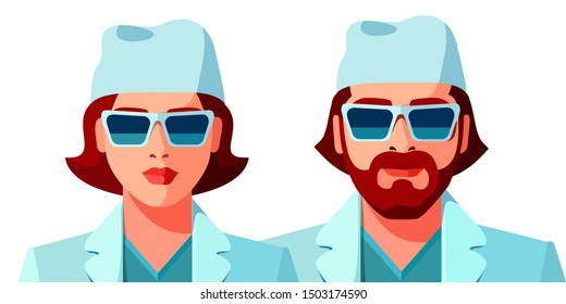 Two medical workers portraits. Man and woman as doctor or nurse. Vector illustration