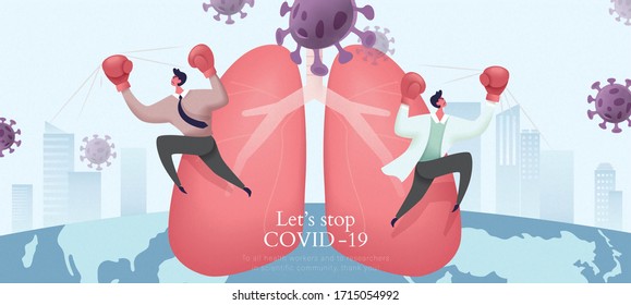 Two medical workers wearing boxing gloves to fight against lung infection caused by COVID-19, thank you banner for all the hardworking doctors and scientists