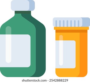 Duas garrafas de remédios, uma verde e uma laranja, ficam lado a lado, exibindo suprimentos essenciais para o sistema de saúde e dispensação de medicamentos