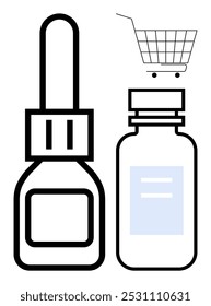 Two medicine bottles with a shopping cart ideal for online pharmacy, healthcare services, medical supplies, e-commerce, and pharmaceutical products. Minimalist, modern look