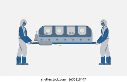 Two medics carry an insulating box with an infected patient. Virus 2019-nCoV. Transportation contaminated with biological threat. Vector illustration isolated on white background.