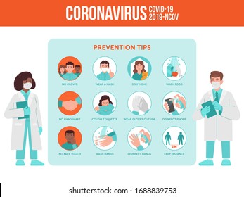 Dois médicos, médico e enfermeiro dão dicas de prevenção da situação de pandemia de quarentena de coronavírus para as pessoas. Covid-19, 2019-nCoV virus set infográfico instruções. Ilustração moderna de design plano