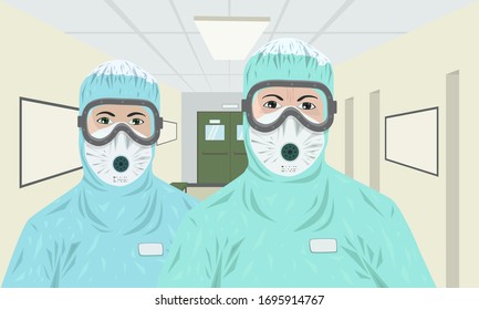 two medics in protective suits with respirators against the background of the hospital corridor