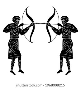 Dos arqueros medievales disparándose entre ellos. Hombres enemigos con arcos y flechas. Silueta blanca y negra. Diseño simétrico.
