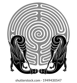 Two medieval dragons guarding entrance to round spiral maze or labyrinth. Creative concept for challenges and knowledge. Monochrome black and white silhouette.