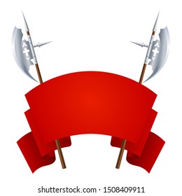Two medieval halberds with a red banner for information on a white background. Vector illustration of ancient edged weapons with flag