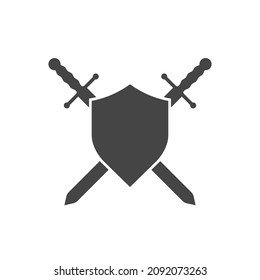 Two medieval knight crossed swords with shield isolated vector emblem. Holy war, crusade sign. Black and white illustration.