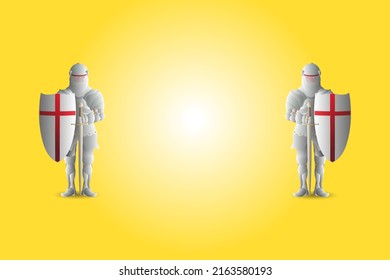 Two medieval knight with shield and broadsword guard a blank space for text. Hand drawn vector illustration.