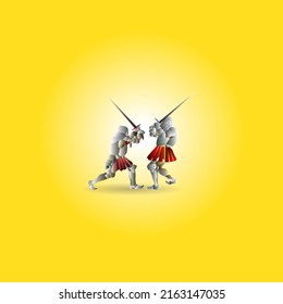 Two medieval knight warrior dueling with broadsword. Hand drawn vector illustration.