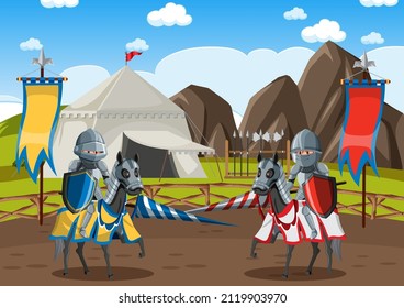 Two medieval knights fighting together illustration