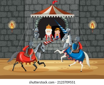 Two medieval knights fighting together illustration