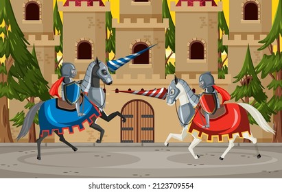 Two medieval knights fighting together illustration
