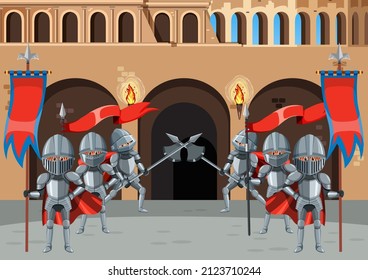 Dos caballeros medievales luchando juntos por la ilustración