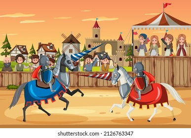 Two medieval knights fighting together illustration