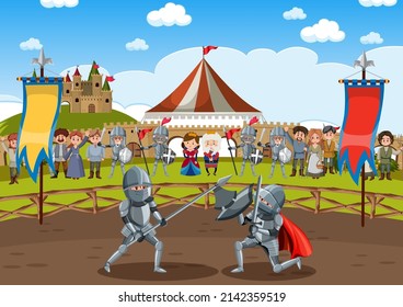 Two medieval knights fighting together illustration