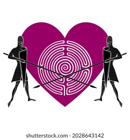 Two medieval knights guarding heart symbol with round spiral maze or labyrinth symbol. Romantic concept. Valentine's Day design.