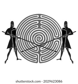 Two medieval knights guarding round spiral maze or labyrinth symbol. Creative concept.