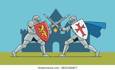 Two medieval knights in shining armor clashing their swords in a historic battle in front of a dark blue castle.