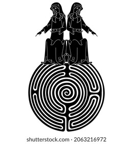 Two medieval ladies sitting on top of a round spiral maze or labyrinth symbol. Creative concept for European culture and history. Black and white silhouette.