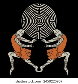 Two medieval soldiers holding a round spiral maze or labyrinth symbol. Creative concept.