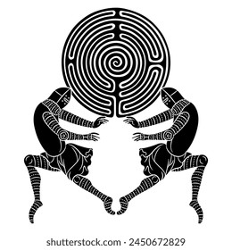 Two medieval soldiers holding a round spiral maze or labyrinth symbol. Creative concept. Black and white silhouette.