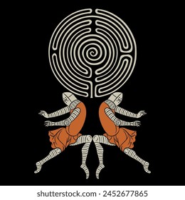 Two medieval soldiers holding a round spiral maze or labyrinth symbol. Creative concept.