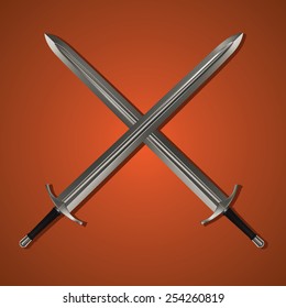 Two Medieval Swords Crossed. Vector Image with Orange Background