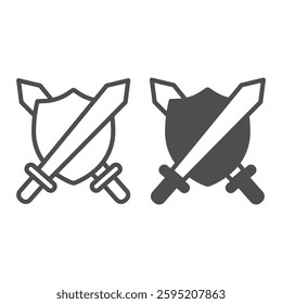 Two medieval swords and shield line and solid icon, city museum concept. Vector graphics. Shield with blades, historical items sign on white background, outline style icon for mobile or web design