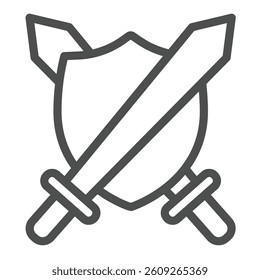 Two medieval swords and shield line icon, city museum concept. Vector graphics. Shield with blades, historical items sign on white background, outline style icon for mobile or web design